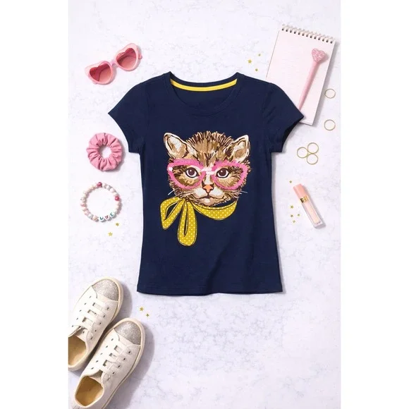 Kids Navy Blue Cat Graphic T-Shirt Size L/G 10-12 Pink Glasses Yellow Scarf - Picture 1 of 8
